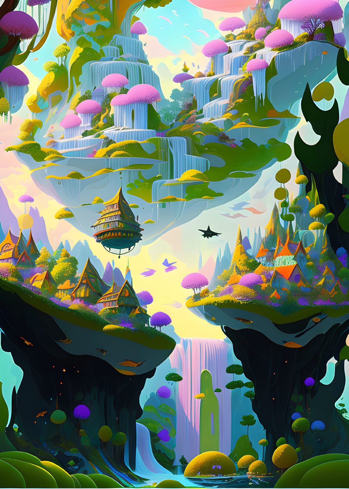 Colorful fantasy landscape with waterfalls, floating islands, and flying ship