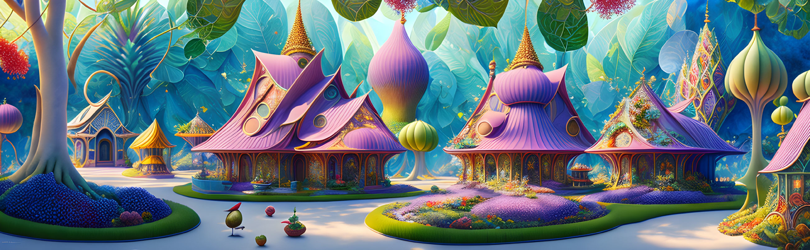 Fantasy landscape with purple-roofed buildings and lush flora