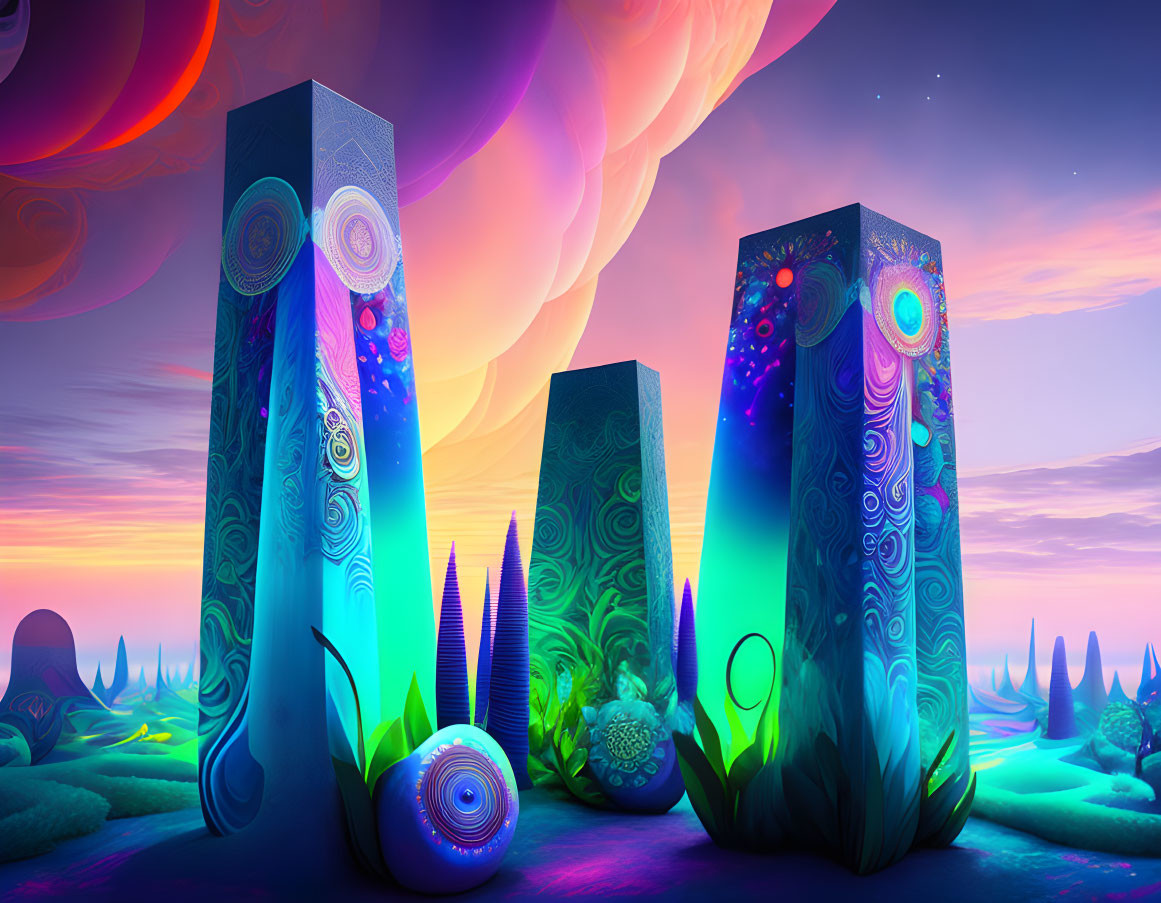 Vibrant digital artwork of glowing monoliths in surreal alien landscape