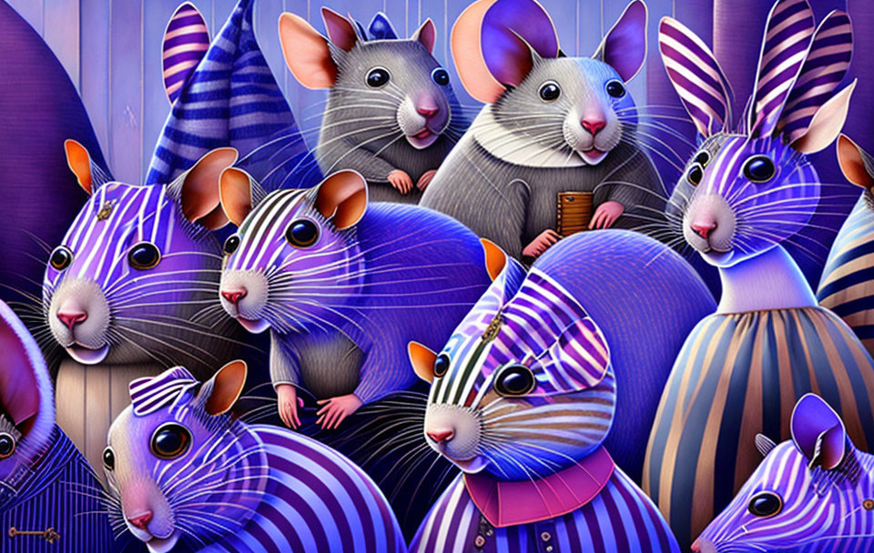 Vibrant cartoon rats with striped patterns on purple background