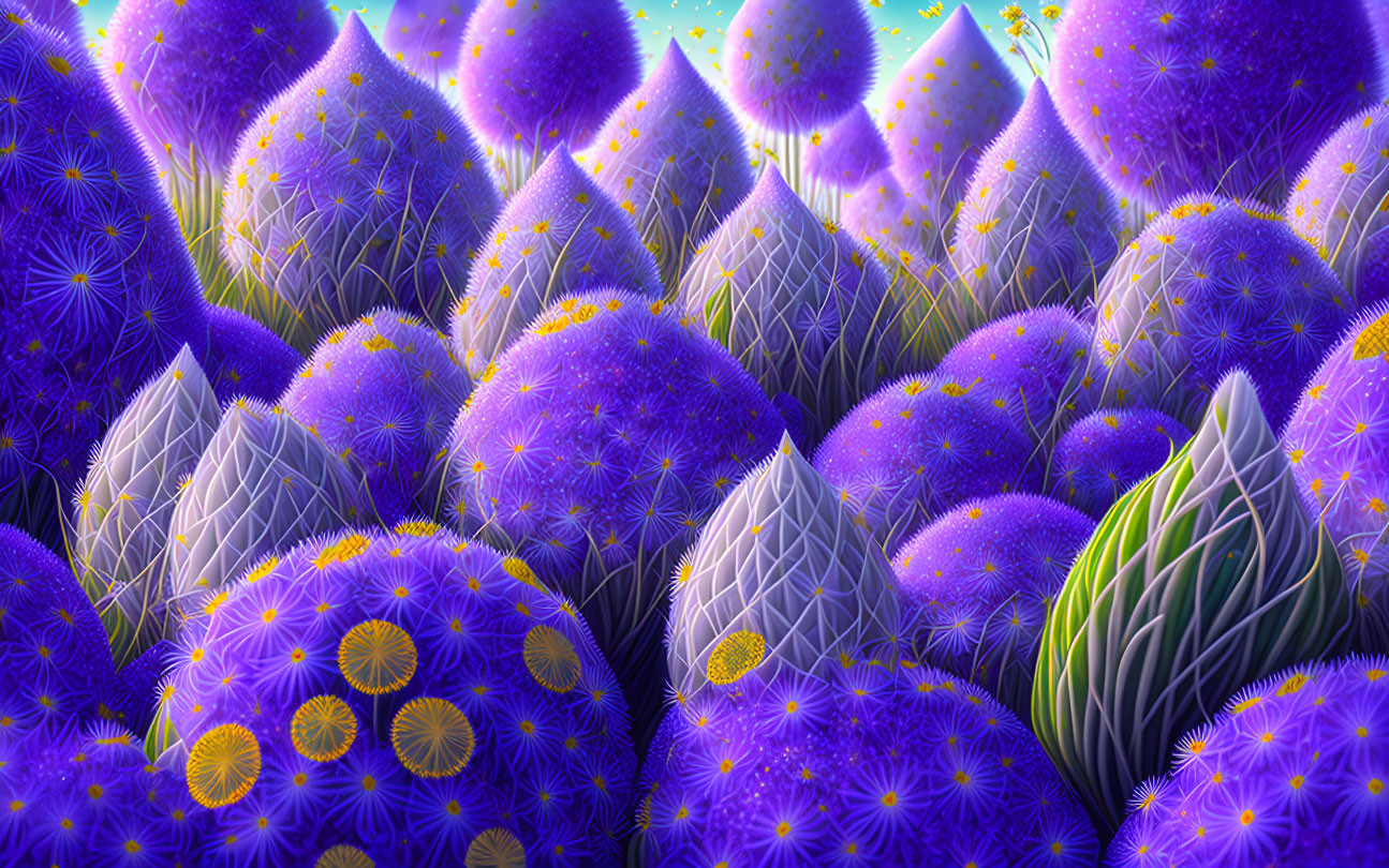 Vibrant purple trees with star-like patterns in surreal fantasy landscape