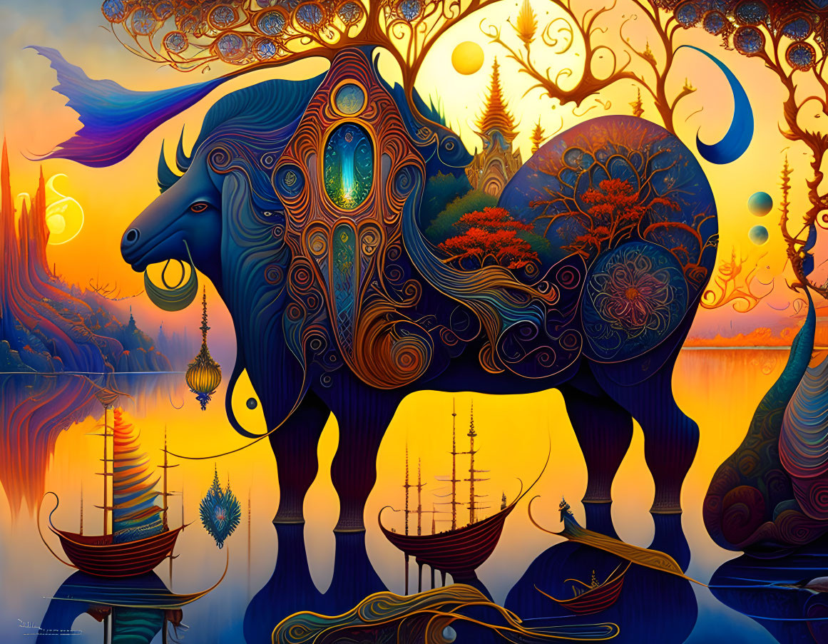 Vibrant horse illustration with intricate patterns by reflective water.