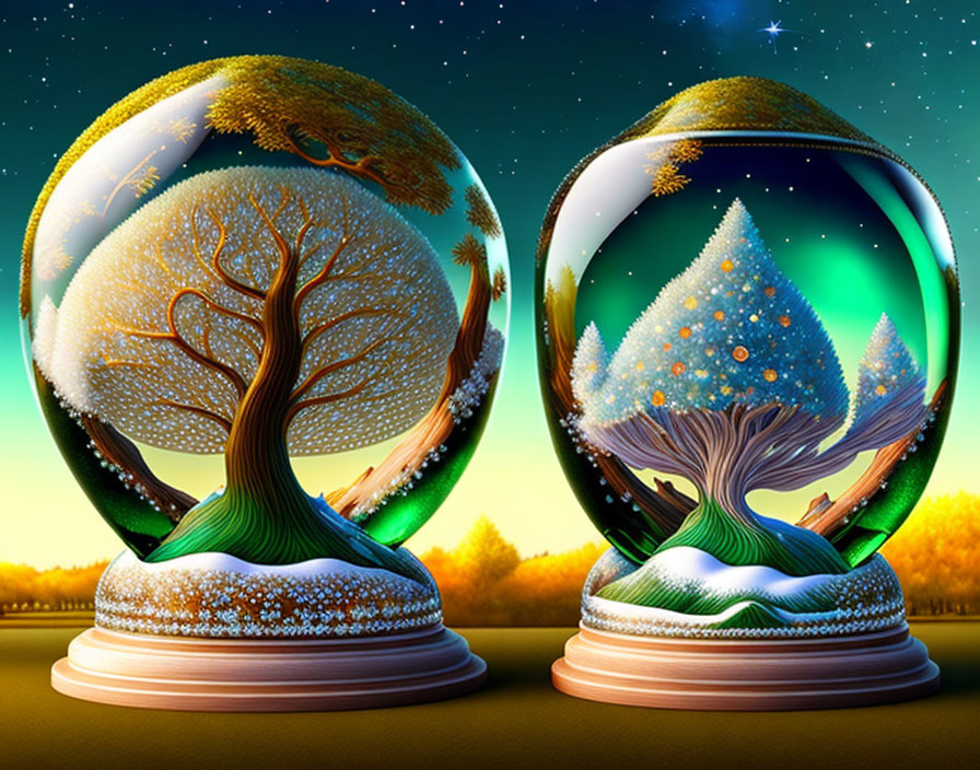 Seasonal tree snow globes: autumn leaves and wintry scene on starry night.