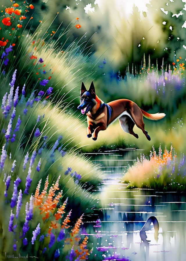 Colorful German Shepherd running in flowery meadow by serene pond