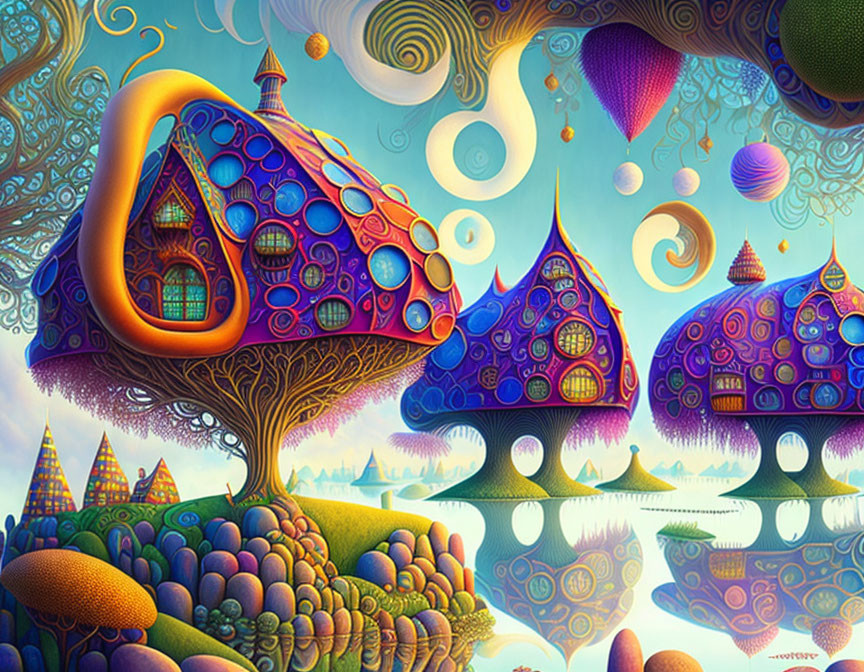 Fantastical landscape with colorful mushroom-like houses.