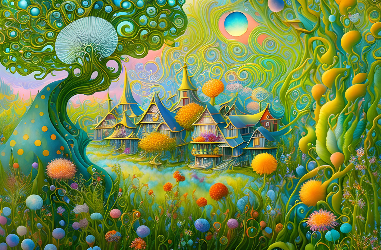 Fantastical landscape with whimsical houses and swirling sky patterns