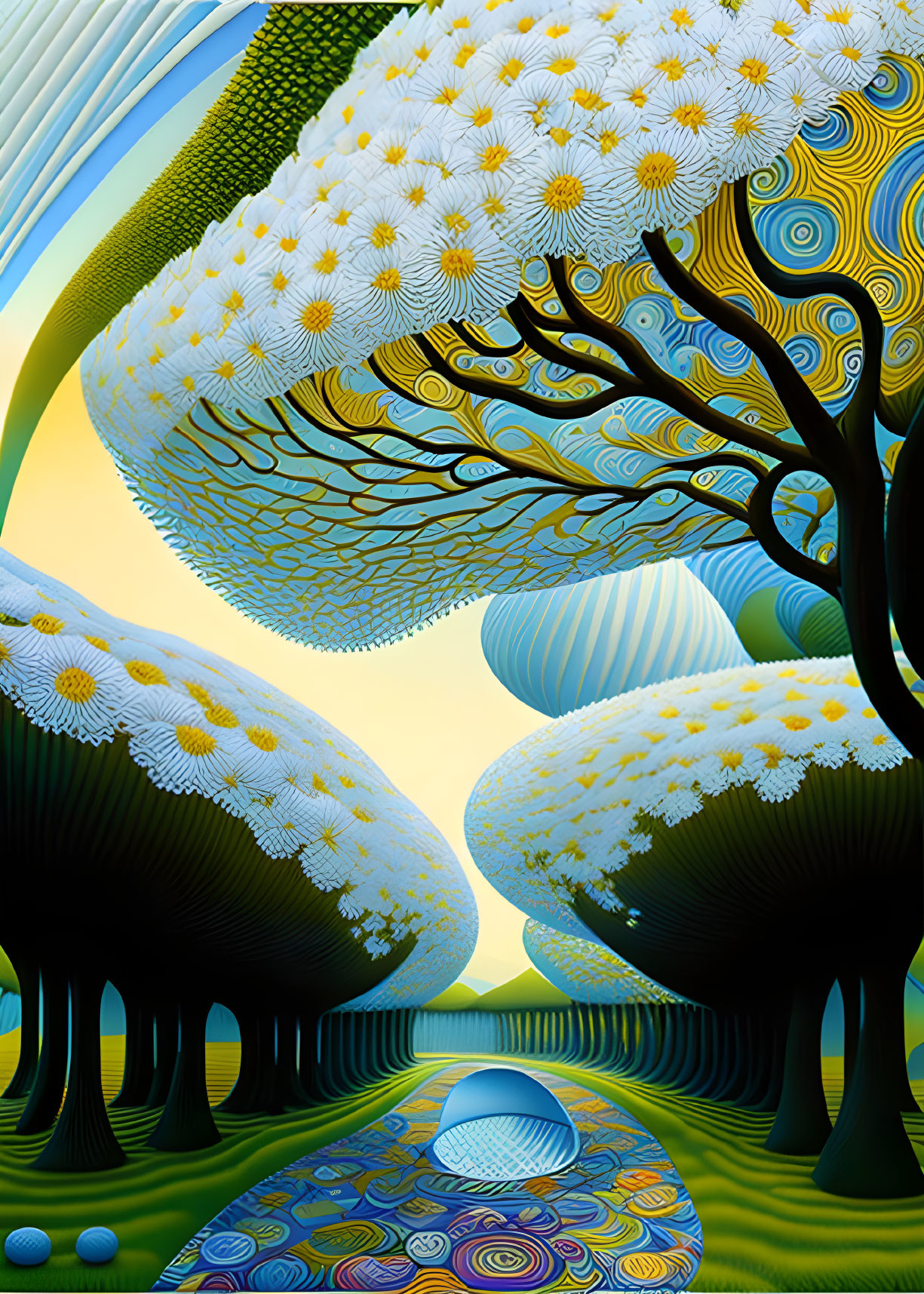 Surreal landscape with daisy hills and whimsical trees