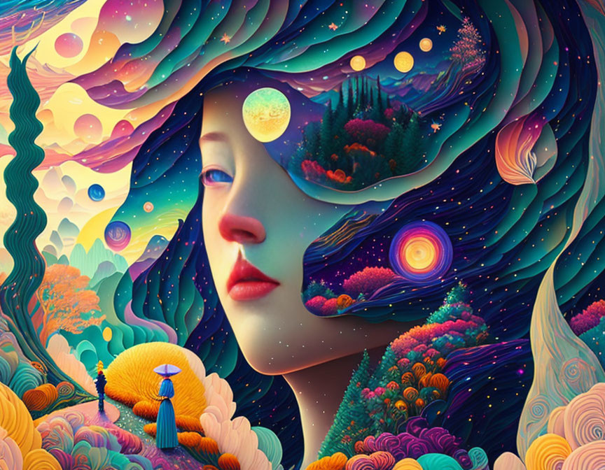 Surreal illustration: Woman with cosmic landscape in hair