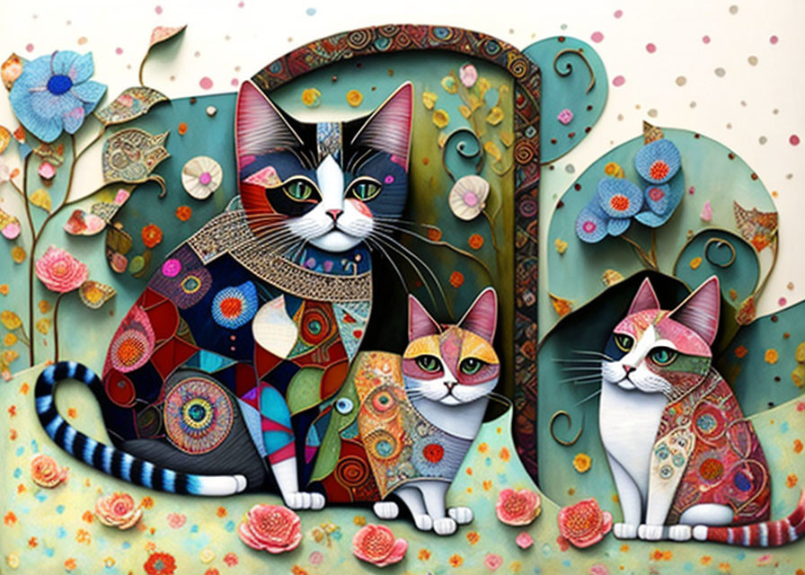 Illustration of Three Patterned Cats with Decorative Motifs