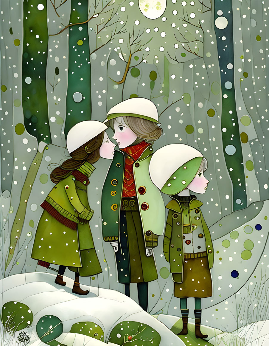 Three children in winter attire in snowy forest with trees