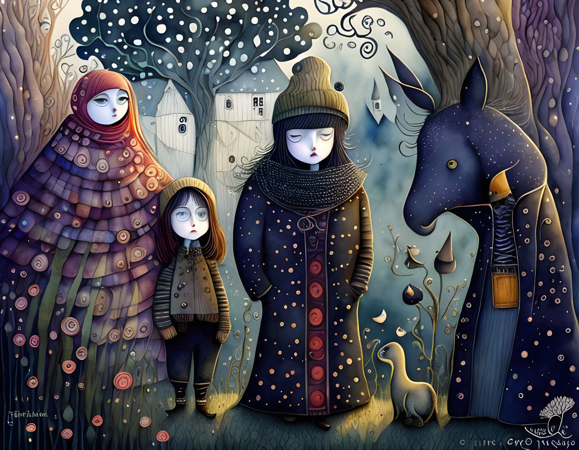 Illustration of three characters in unique cloaks with a squirrel and horse-headed figure in a surreal forest