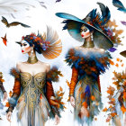 Four stylized women in elaborate feathered costumes with autumnal hues and large hats, accompanied by flying