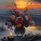 Tranquil bouquet of roses with candle against sunset backdrop