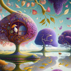 Colorful fantasy landscape with stylized trees, bird's nest, butterflies, and water reflection.