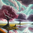 Surreal landscape with dramatic sky, lightning, trees, and mirror-like water.