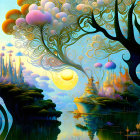 Fantasy landscape with whimsical trees, glowing sun, and reflective lake