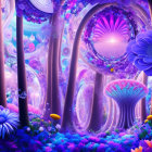 Fantastical purple forest with swirling trees and oversized flowers