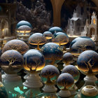 Cathedral-like interior with gothic arches and floating Earth globes