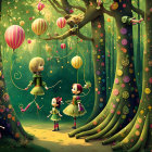 Illustration of childlike figures in leafy attire holding hands in vibrant forest with lanterns, balloons