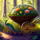 Colorful insect pulling mushroom carriage in lush forest