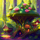 Vibrant forest scene with mushroom house and glowing plants