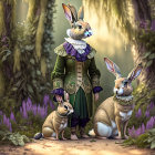 Anthropomorphized rabbits in forest with one in green coat