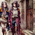 Animated girls in winter gear with sci-fi elements and robots in snowy, steampunk-inspired scene