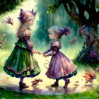 Fantasy scene: Three girls, dragon, crystal ball, lanterns in magical forest