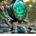 Whimsical teal clock surrounded by blooming flowers and fantasy palace