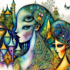 Vibrant illustration of two female figures with intricate patterns and whimsical castle background