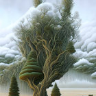 Surreal artwork: massive tree with intricate branches and snow-capped foliage by calm water and soft