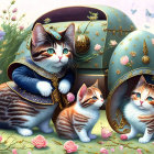 Anthropomorphic cats in vintage attire with floral car in colorful landscape