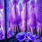 Vibrant purple mushrooms glowing in fantasy setting