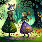 Fantasy illustration: Two characters in ornate dresses with animal-like features, surrounded by butterflies in a