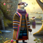 Anthropomorphic otter in striped coat by river with roses and stone arches