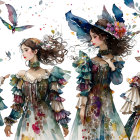 Whimsical floral dress illustrations with dynamic poses