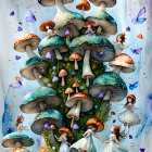 Whimsical fairy dance among oversized mushrooms in fantasy illustration