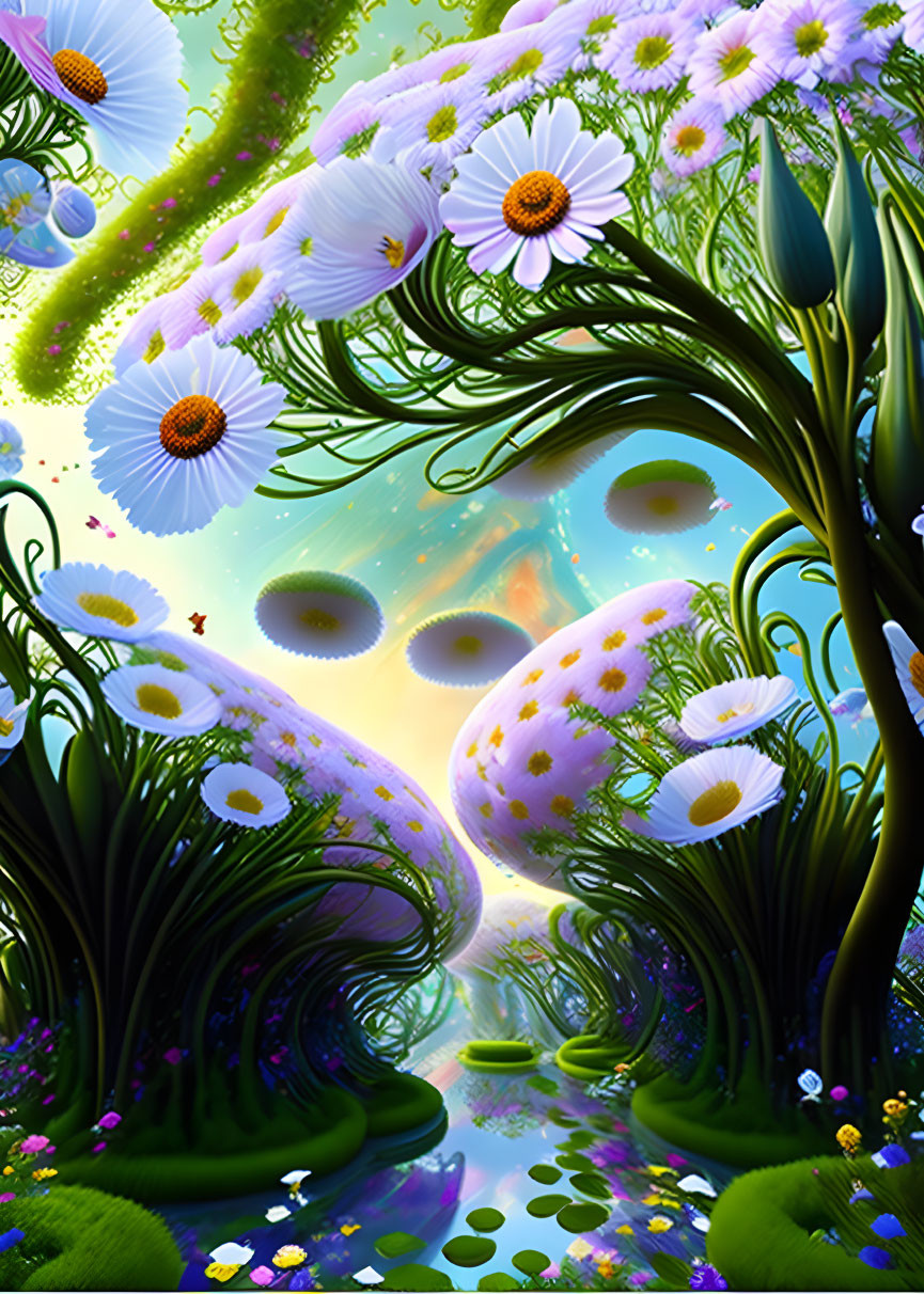 Fantastical landscape with oversized daisies, butterflies, and dreamy sky