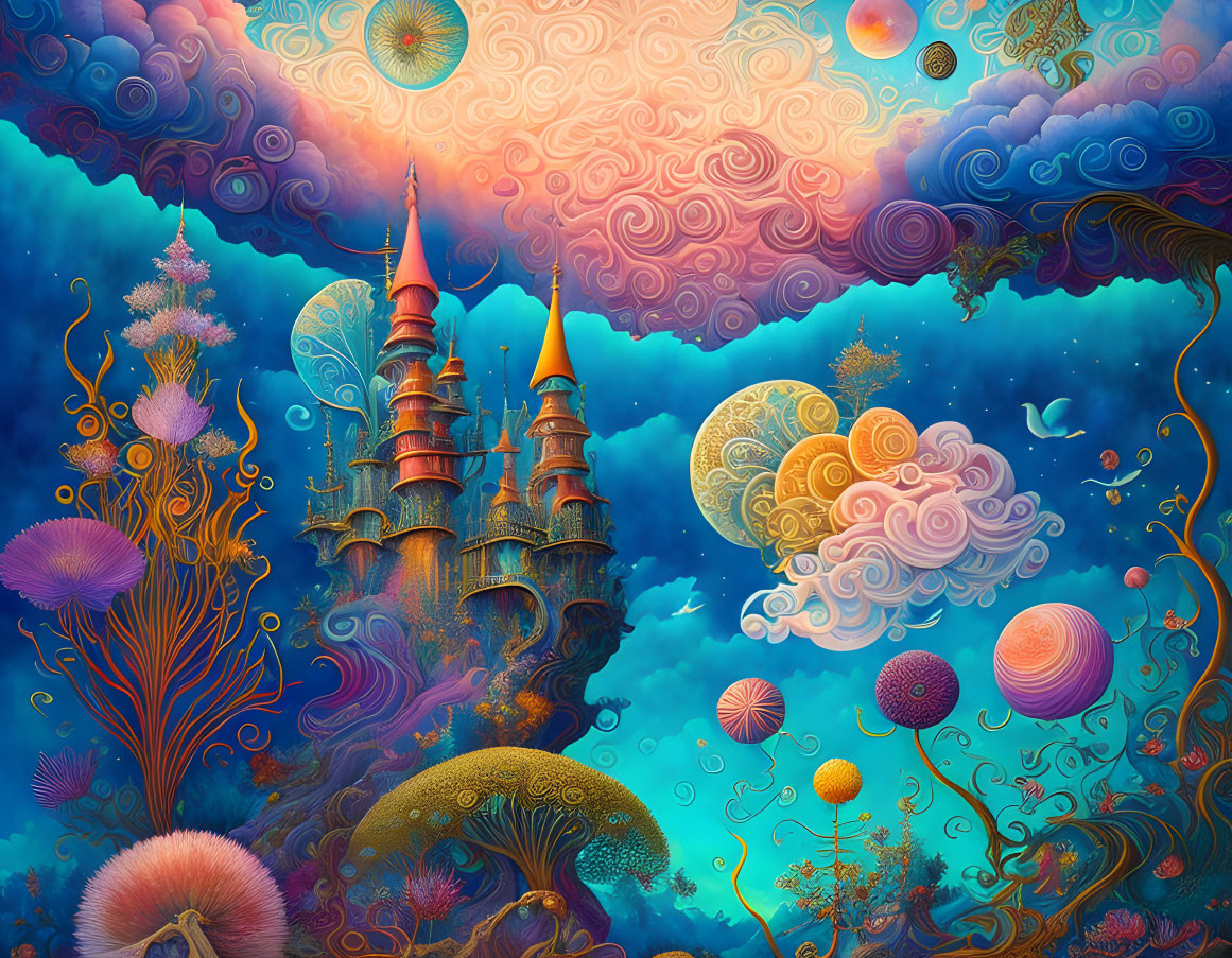 Fantastical landscape with whimsical castle and colorful flora