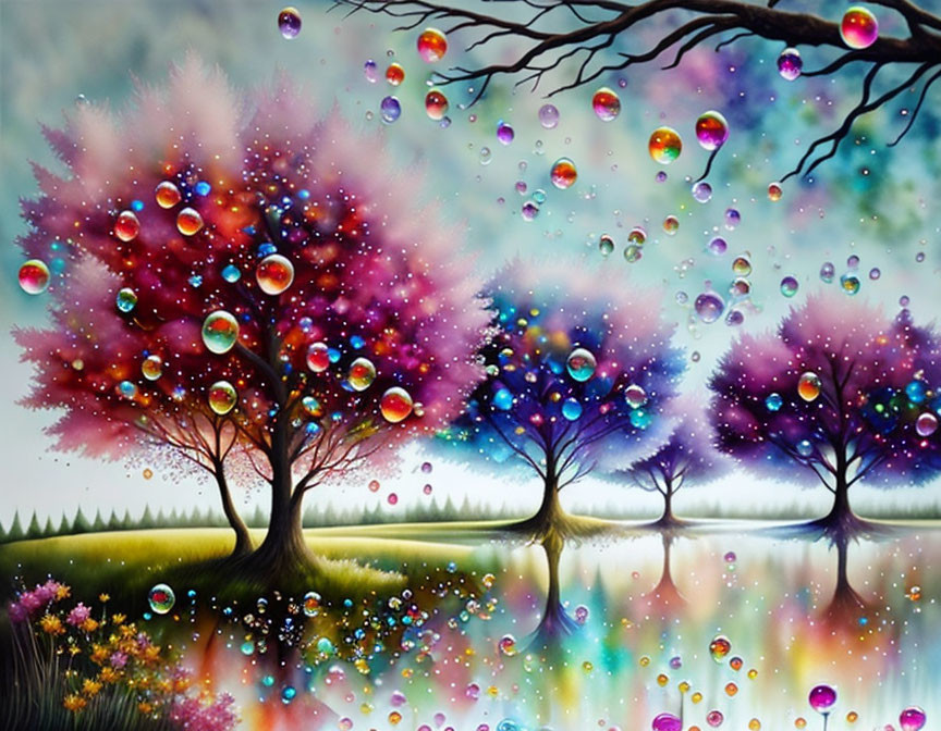 Vibrant fantasy landscape with colorful trees and floating bubbles