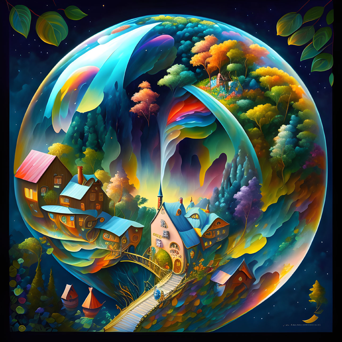 Colorful whimsical spherical world with trees, houses, waterfalls under starry sky