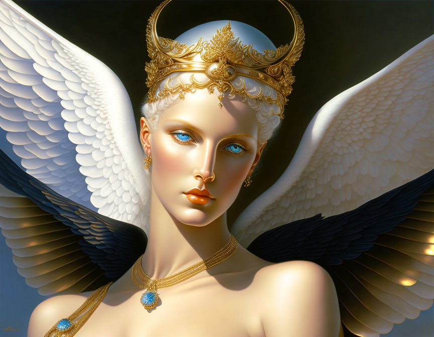 Angelic figure with white wings, golden crown, blue eyes