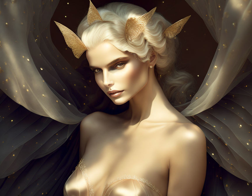 Fantasy illustration of woman with golden dragon-like ears, luminous skin, white hair, and star