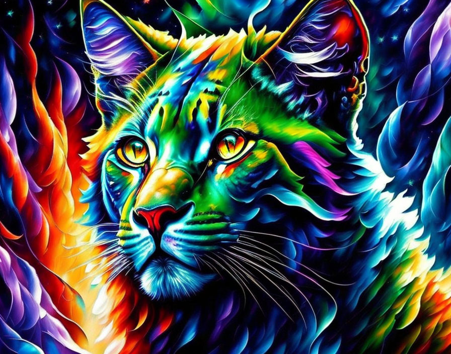 Colorful Psychedelic Cat Painting with Vibrant Patterns