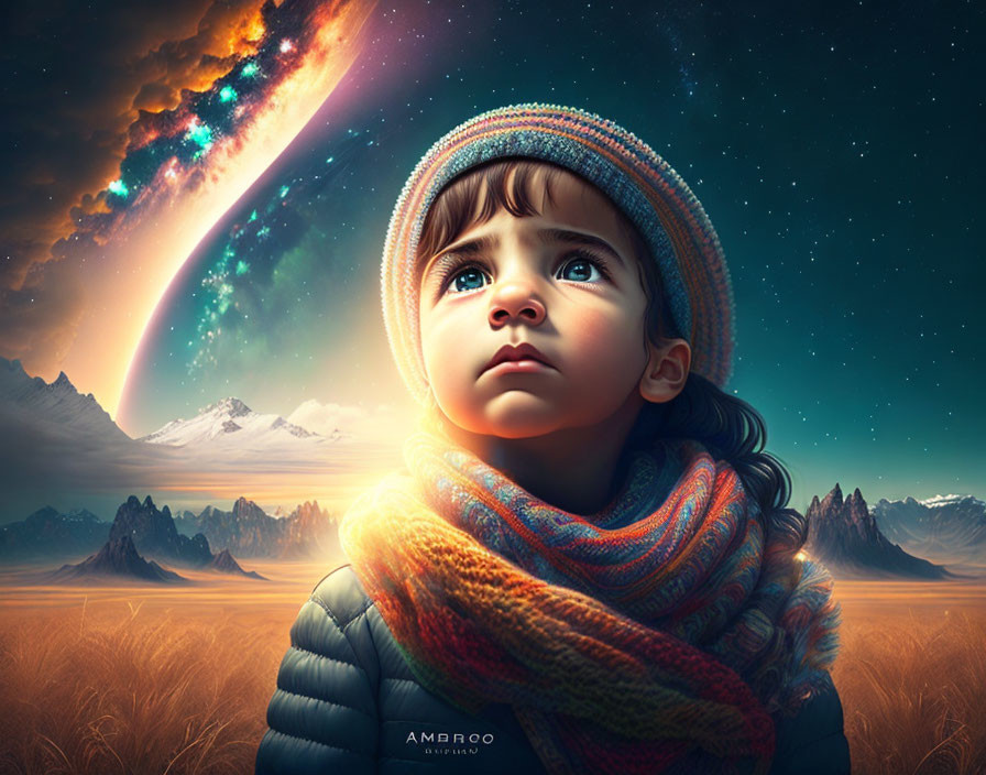 Child in knit hat admires surreal sky with comet and mountains