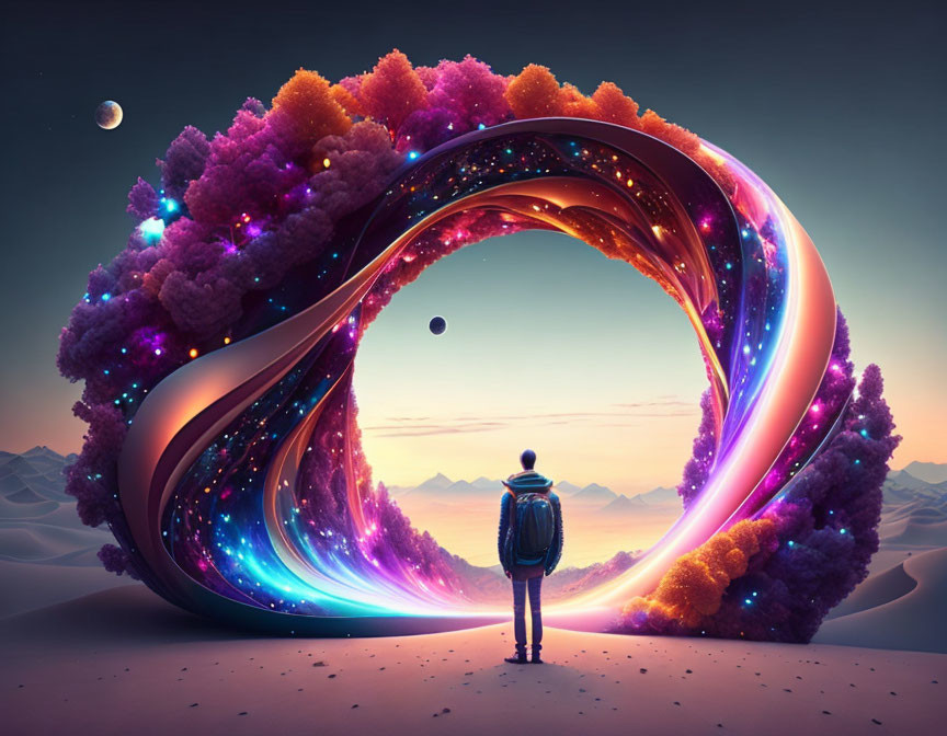 Backpacker in front of surreal colorful portal with cosmos interior