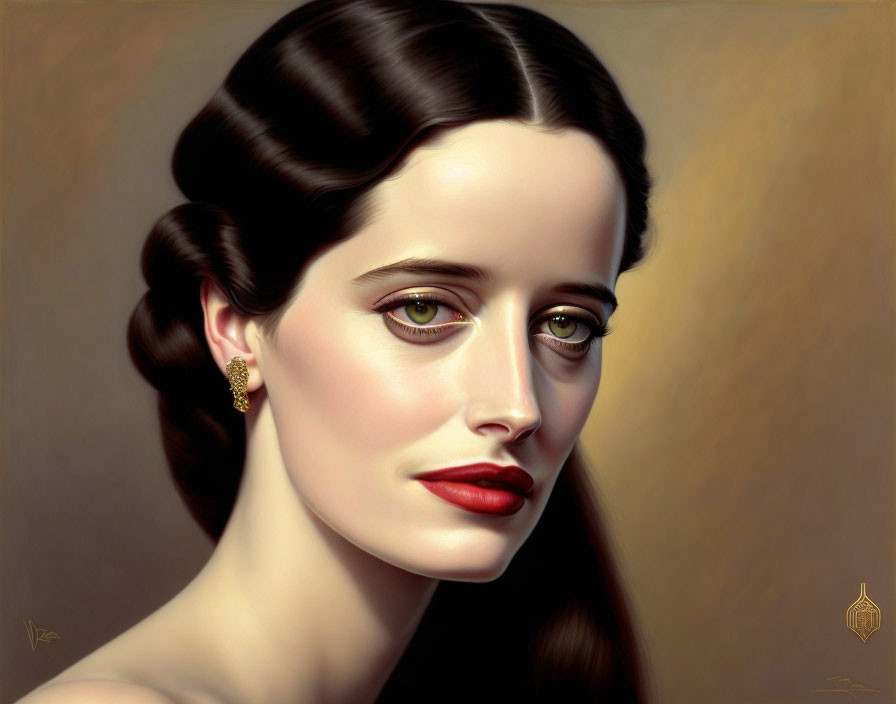 Classic Portrait of Woman with Dark Hair in Low Bun & Red Lips