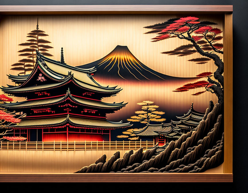 Japanese Mount Fuji Pagoda & Red Blossom Tree Artwork