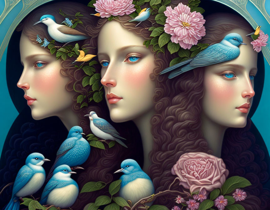 Stylized female faces with bluebirds and florals on blue background