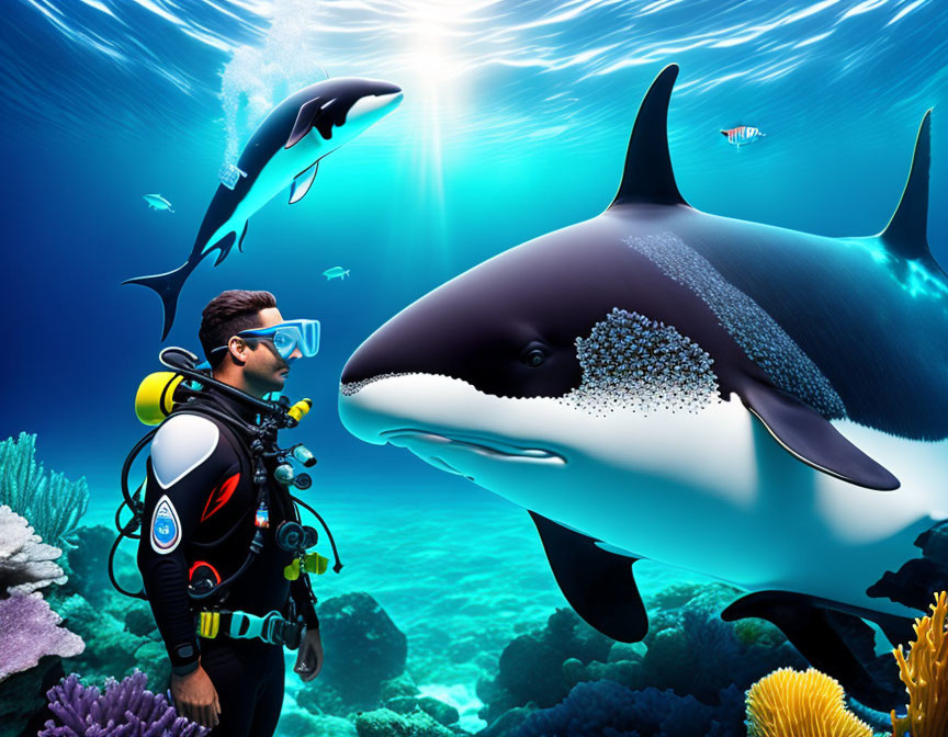 Colorful coral reef with cartoonish orca and fish in vibrant underwater scene